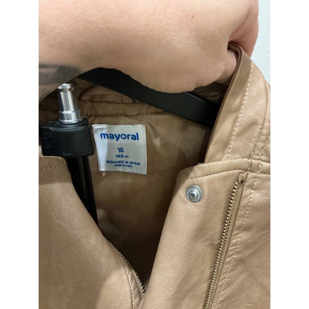 Mayoral Kids Tan Faux Leather Moto Biker Jacket Size 10 Quilted Shoulder Zip - Picture 2 of 6